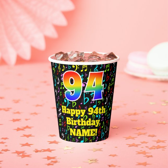94th Birthday: Fun Music Notes Pattern, Rainbow 94 Paper Cups (Insitu)