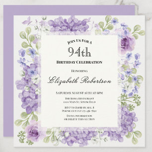 94th Birthday Invitation Elegant Purple Flowers