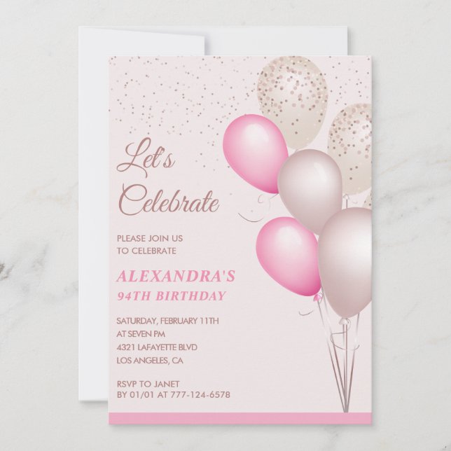 94th birthday invitations Pink Balloons Confetti (Front)