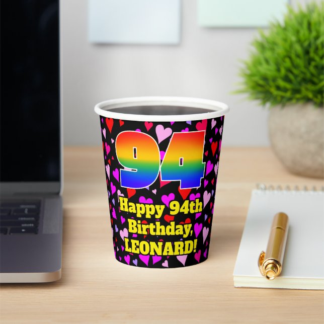 94th Birthday: Loving Hearts Pattern, Rainbow 94 Paper Cups (Insitu)