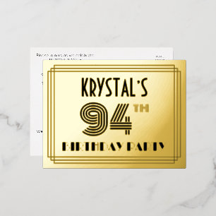 94th Birthday Party ~ Art Deco Style “94” + Name Foil Invitation Postcard