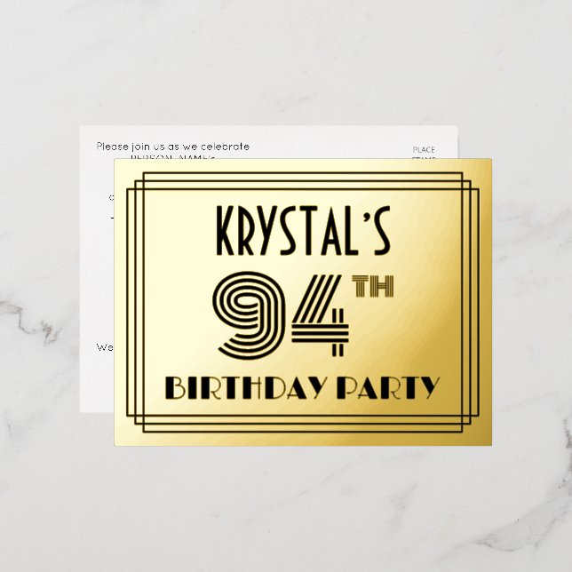 94th Birthday Party ~ Art Deco Style “94” + Name Foil Invitation Postcard (Front/Back)