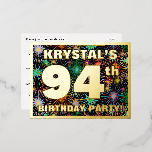 94th Birthday Party: Bold, Colourful Fireworks Loo Foil Invitation Postcard