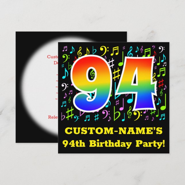 94th Birthday Party: Fun Music Symbols, Rainbow 94 Invitation (Front/Back)