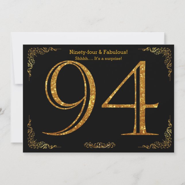 94th Birthday party,Gatsby styl,black gold glitter Invitation (Front)