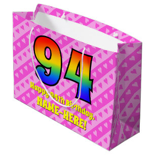 94th Birthday: Pink Stripes & Hearts, Rainbow # 94 Large Gift Bag