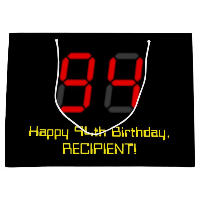 94th Birthday: Red Digital Clock Style "94" + Name Large Gift Bag (Front)