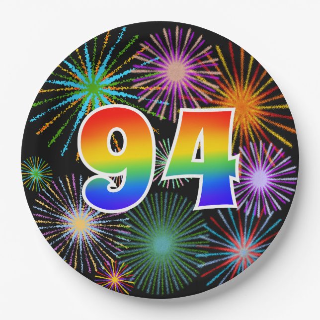 94th Event - Fun, Colourful, Bold, Rainbow 94 Paper Plate (Front)