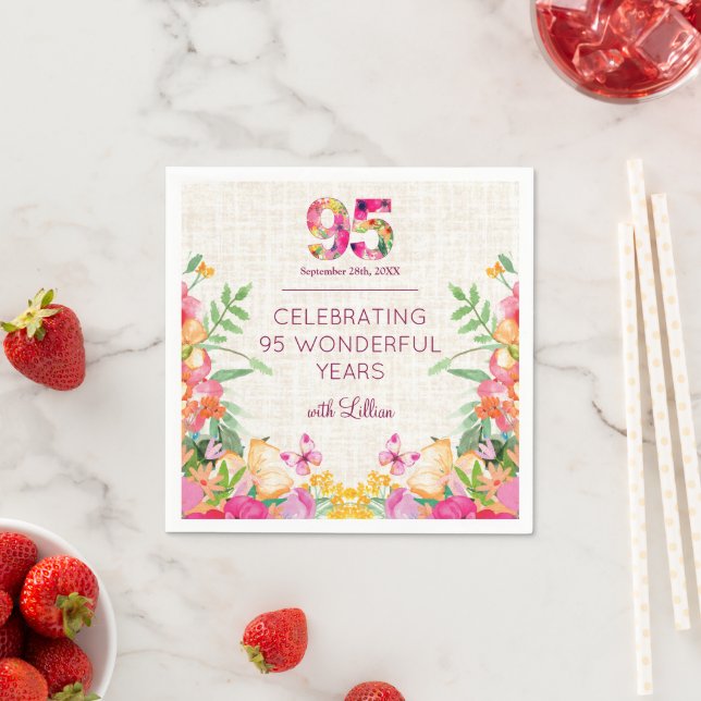 95 Years Flowers Floral Linen 95th Birthday Napkin (Insitu)