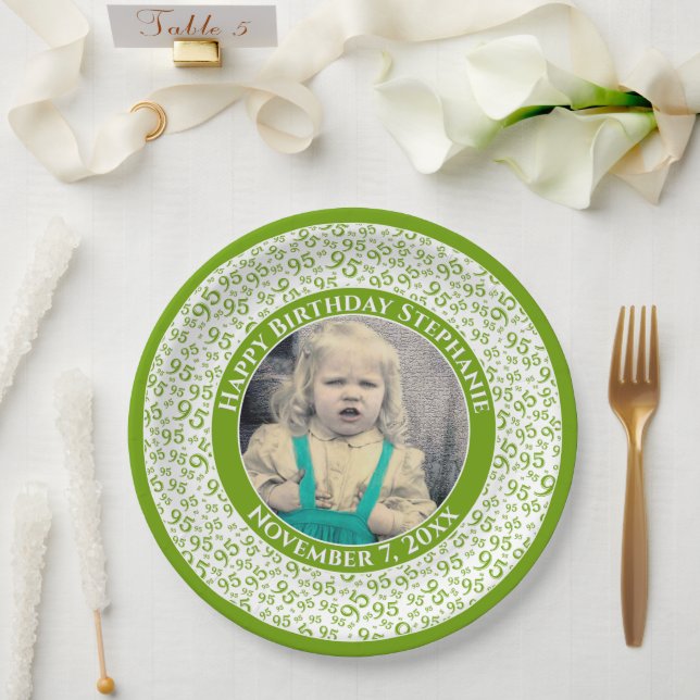 95 Your Photo Random Number Pattern Green/White Paper Plate (Wedding)