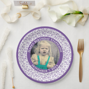 95 Your Photo Random Number Pattern Purple/White Paper Plate
