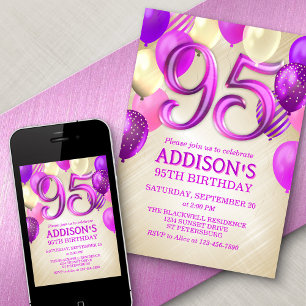 95e anniversaire Ballons roses Invitation