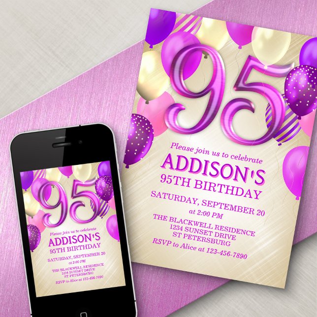 95e anniversaire Ballons roses Invitation (Créateur téléchargé)