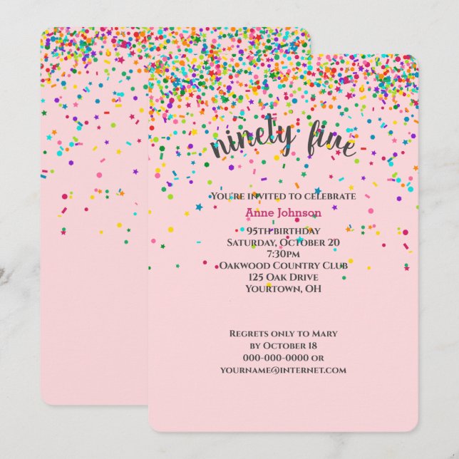 95e anniversaire de fête confetti Invitation (Devant / Derrière)