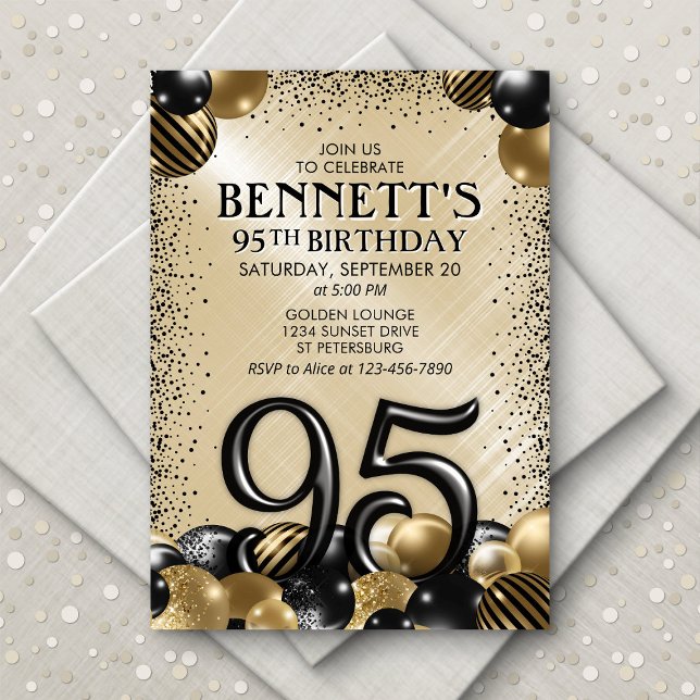 95th Balloons Black Gold Birthday Invitation (Creator Uploaded)