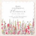 95th Birthday August Birth Flower Custom Paper Coaster<br><div class="desc">Perfect table decor for an August birthday party. Pink gladiolus is the birth flower for that month. It forms a pretty watercolor bottom border on this floral personalized coaster. The birthday guest of honour's name, age and birthdate are placed above it using elegant calligraphy and typography. All text is editable....</div>