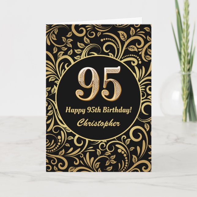 95th Birthday Black and Gold Floral Pattern Card (Front)