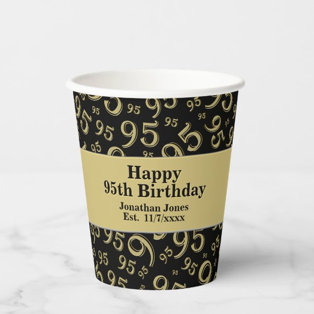 95th Birthday Black/Gold Random Number Pattern 95 Paper Cups (Front)