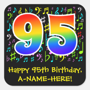 95th Birthday: Colorful Music Symbols, Rainbow 95 Square Sticker