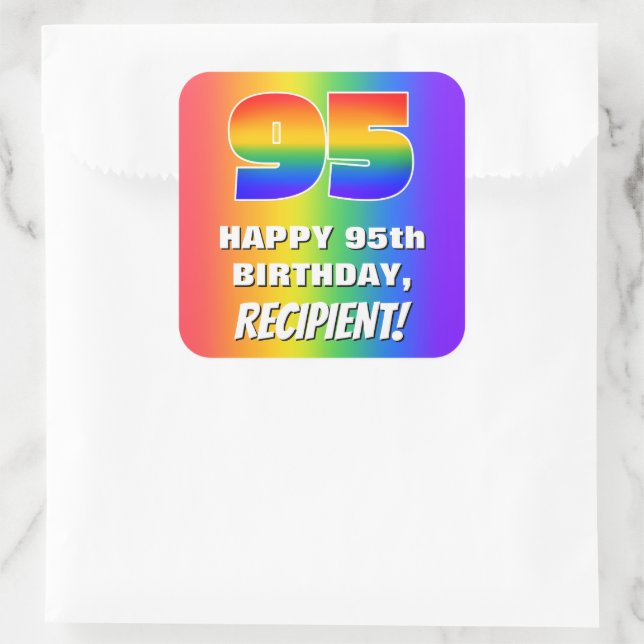 95th Birthday: Colourful, Fun Rainbow Pattern # 95 Square Sticker (Bag)