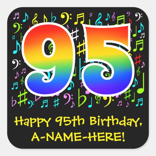 95th Birthday: Colourful Music Symbols, Rainbow 95 Square Sticker (Front)