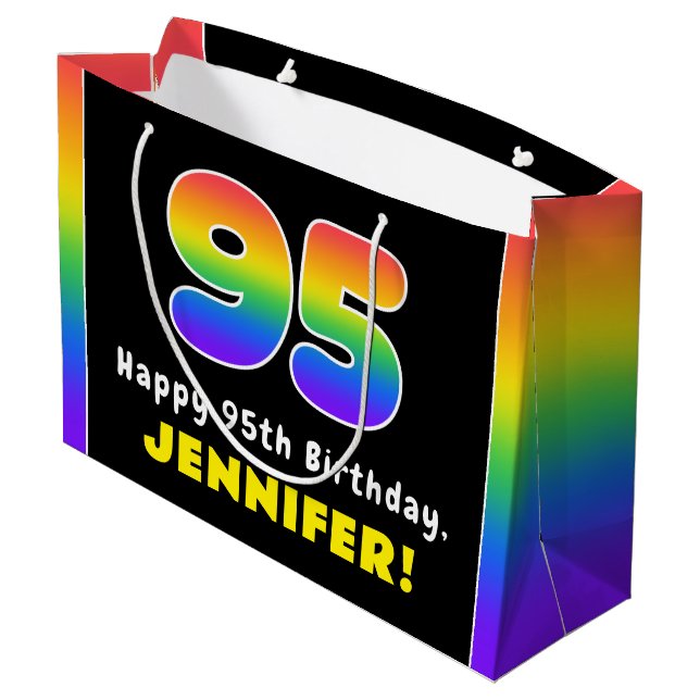 95th Birthday: Colourful Rainbow # 95, Custom Name Large Gift Bag (Back Angled)