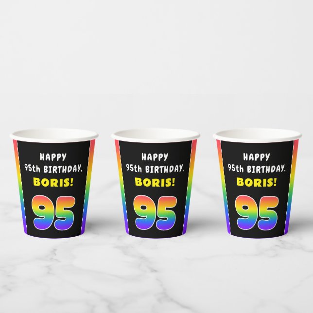 95th Birthday: Colourful Rainbow # 95, Custom Name Paper Cups (Multi)