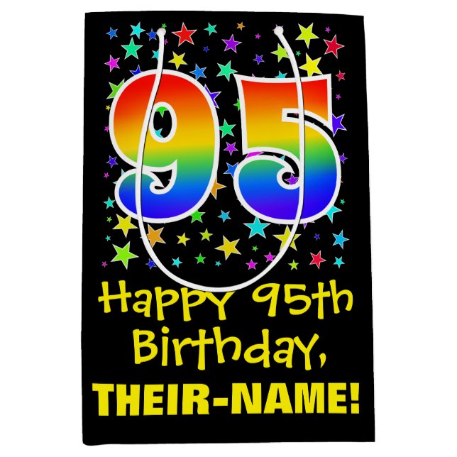 95th Birthday: Colourful Stars Pattern & Rainbow 9 Medium Gift Bag (Front)