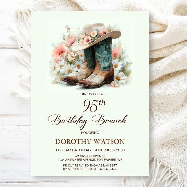 95th Birthday Cowgirl Boots Birthday Brunch Invitation (Creator Uploaded)