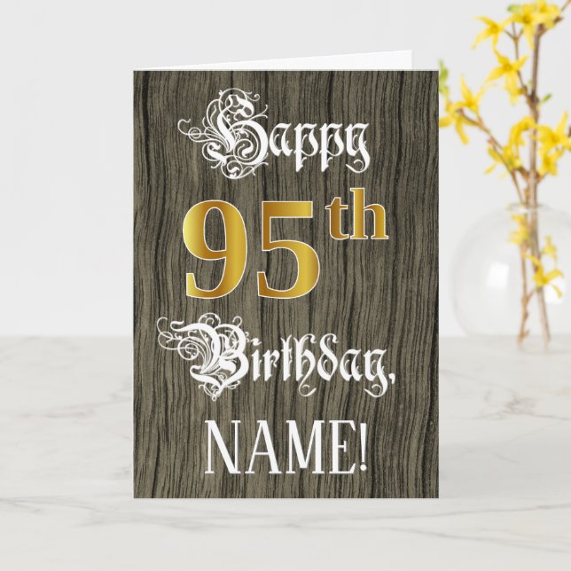 95th Birthday: Faux Gold Look + Faux Wood Pattern Card (Yellow Flower)