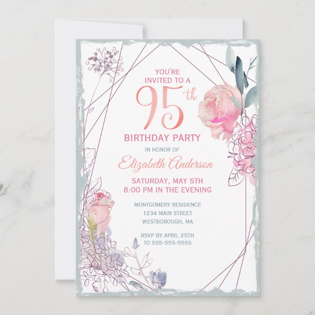 95th Birthday Floral Blush Rose Watercolor Party Invitation (Front)
