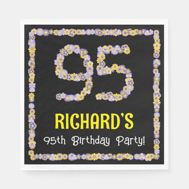 95th Birthday: Floral Flowers Number, Custom Name Napkin (Front)