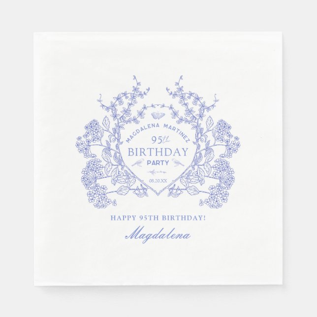 95th Birthday French Blue Floral Crest Custom Napkin (Front)
