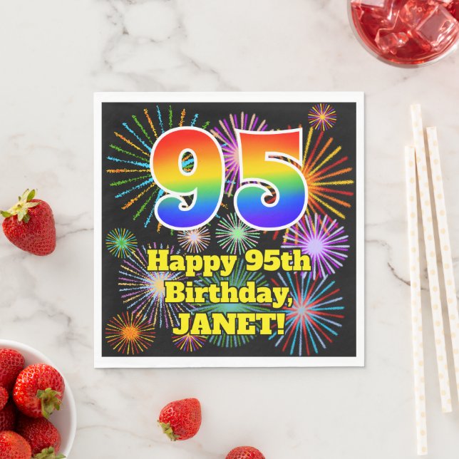 95th Birthday: Fun Fireworks Pattern + Rainbow 95 Napkin (Insitu)