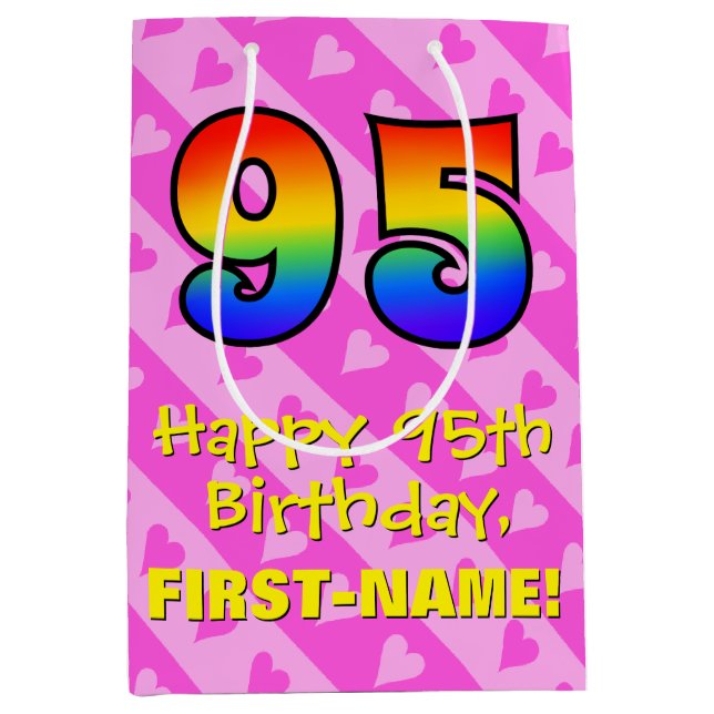 95th Birthday: Fun Pink Hearts Stripes; Rainbow 95 Medium Gift Bag (Front)