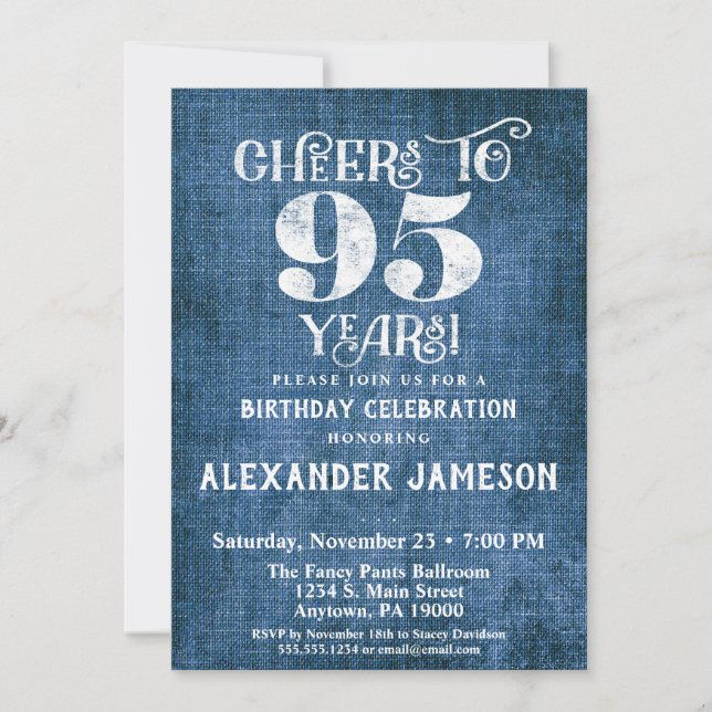 95th Birthday Invitation Blue Linen Rustic Cheers (Front)