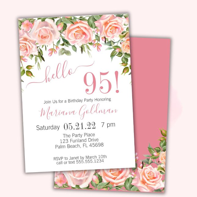95th Birthday Invitations Pink Floral Modern Party (Creator Uploaded)