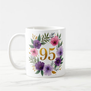 95th Birthday Mug – Floral Wreath with Gold Number