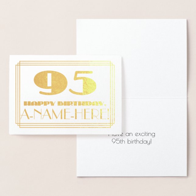 95th Birthday; Name + Art Deco Inspired Look "95" Foil Card (Display)