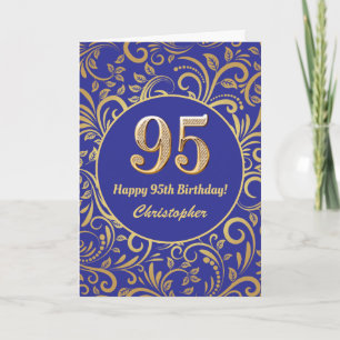 95th Birthday Navy Blue and Gold Floral Pattern Card