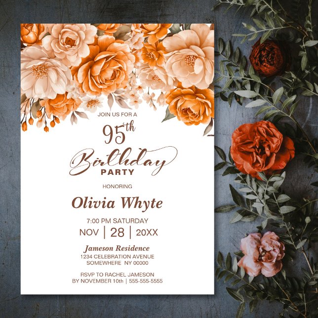 95th Birthday Orange Rose Floral Party Invitation (Creator Uploaded)