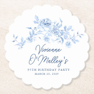 95th Birthday Party Blue Rose Floral Custom Paper Coaster