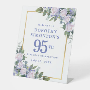 95th Birthday Party Blue White Floral Welcome Pedestal Sign