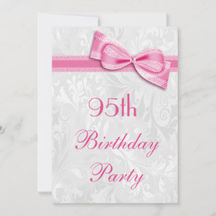 95th Birthday Party Damask and Pink Faux Bow Invitation