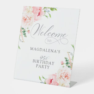 95th Birthday Party Elegant Pink Floral Welcome Pedestal Sign