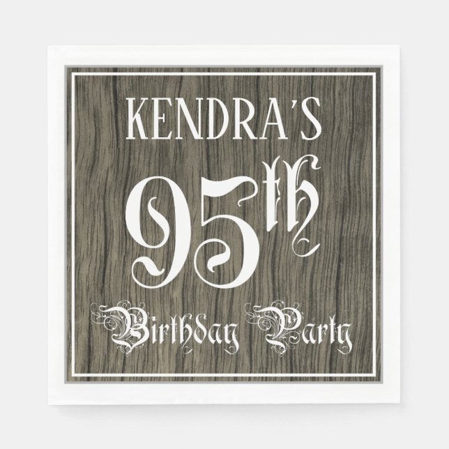95th Birthday Party — Fancy Script, Faux Wood Look Napkin (Front)