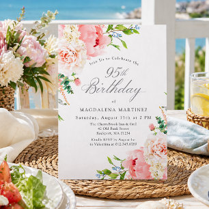 95th Birthday Party Feminine Pink Roses Floral Invitation