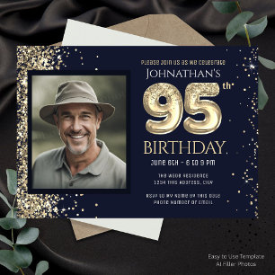 95th Birthday Party Gold Glitter Blue Photo Invitation