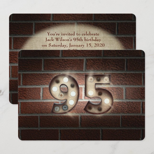 95th Birthday Party-marquee lights on brick Invitation (Front/Back)