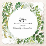 95th Birthday Party Modern Green Botanical Paper Coaster<br><div class="desc">Honor a special person with this elegant personalized Birthday party napkin. A variety of leaves and vines creates a round botanical frame.</div>